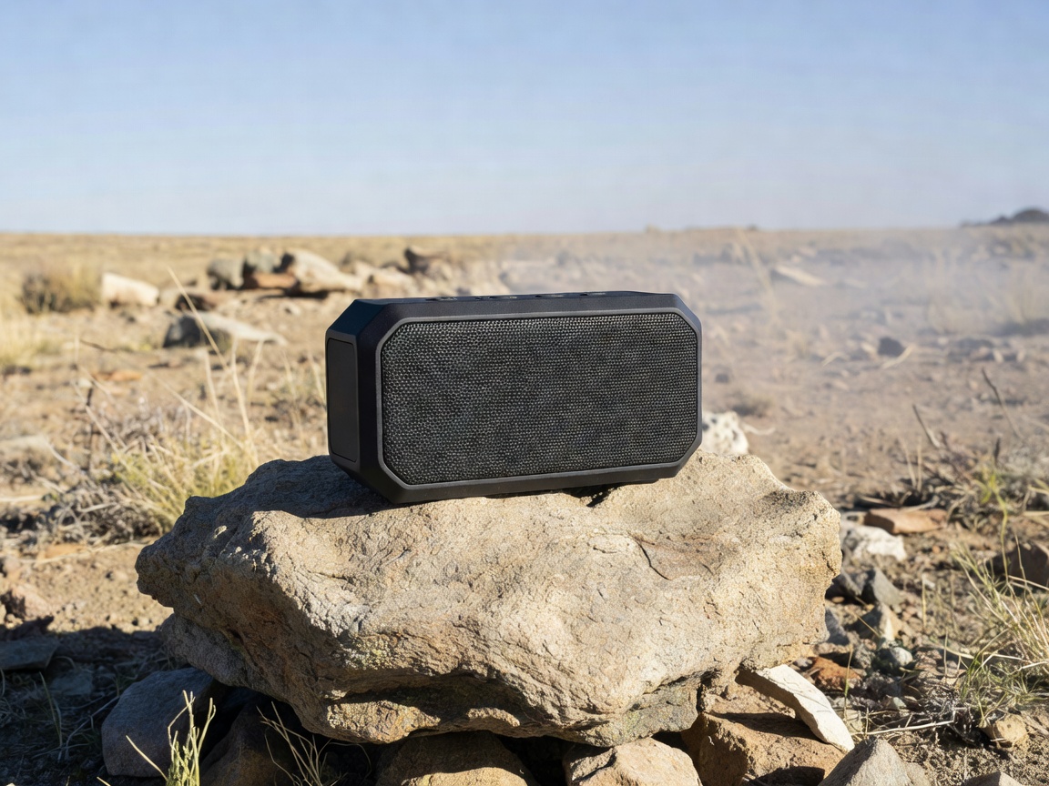 Compact portable Bluetooth speaker on a rock outdoors