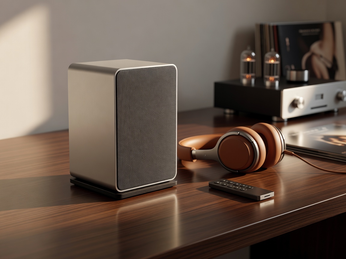 High-end audiophile bluetooth speaker on a wooden desk