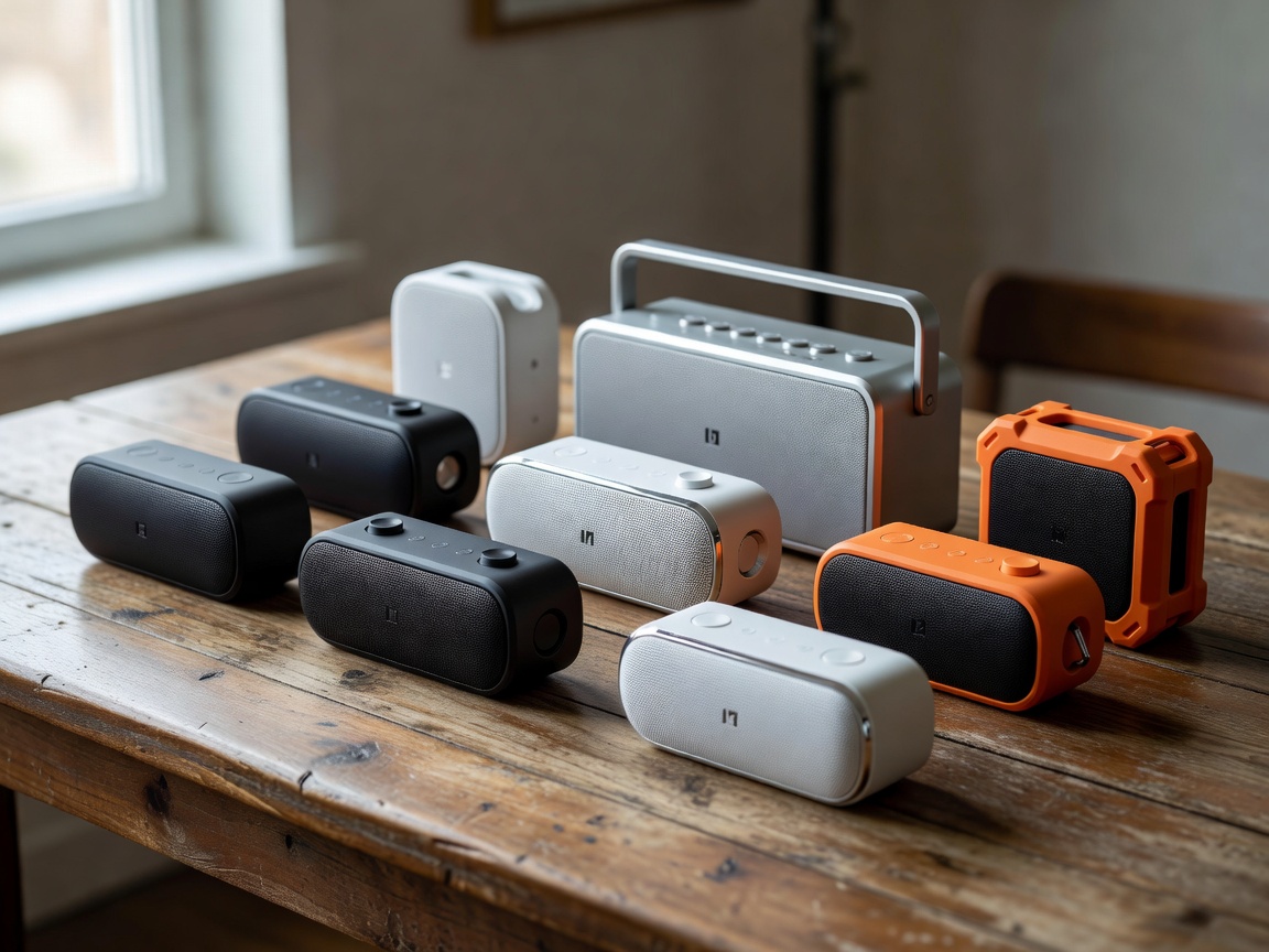 Various portable speakers on a wooden table